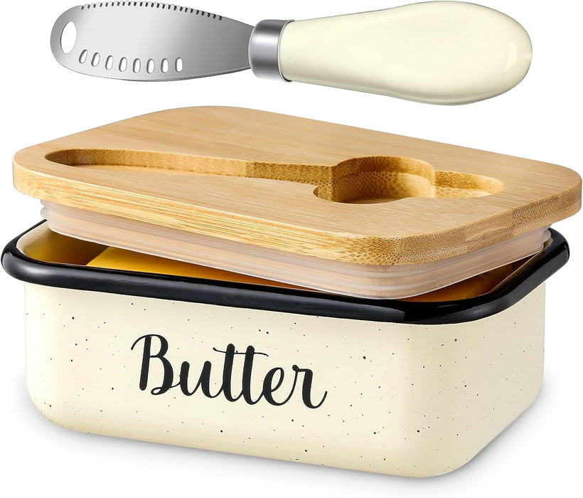 Butter Dish with Lid and Butter Curler Knife for Countertop - Unbreakable Metal Keeper Container with High-Quality Double Silicone Sealing, for Kitchen Farmhouse Decor