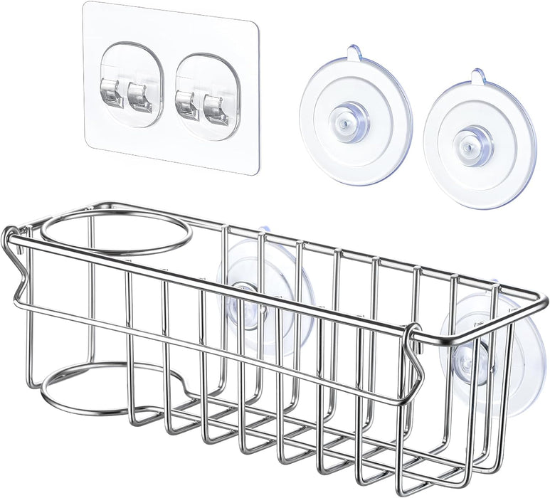 3-In-1 Sponge Holder for Kitchen Sink with Suction Cups & Adhesive Hook , In-sink Sponge Holder, Wall Hanging Sink Caddy Organizer Rack - Sponge, Dish Cloth, Brush, Scrubber - 304 Stainless Steel