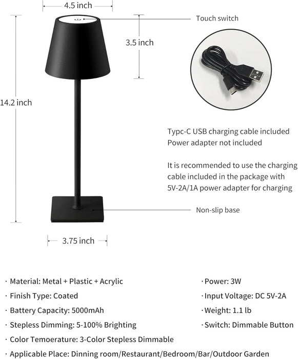2 Pack Cordless Black Table Lamps, Rechargeable Portable LED Desk Lamps