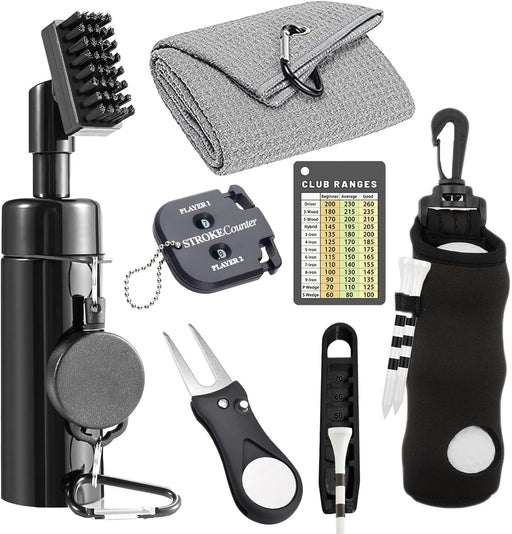 7Pcs Golf Accessories Kit, Include Golf Club Cleaner Towel Ball Bag Divot Tool Score Counter Range Chart Card Tee Elevat