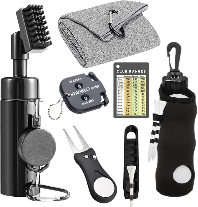 7Pcs Golf Accessories Kit, Include Golf Club Cleaner Towel Ball Bag Divot Tool Score Counter Range Chart Card Tee Elevat