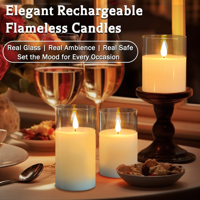 Glass Rechargeable LED Flickering Flameless Candles with Remote and Timer