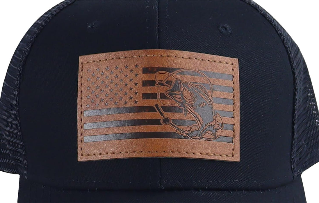 American Flag with Bass Trucker Hats for Men, Adjustable Leather Patch Mesh Fishing Baseball Cap