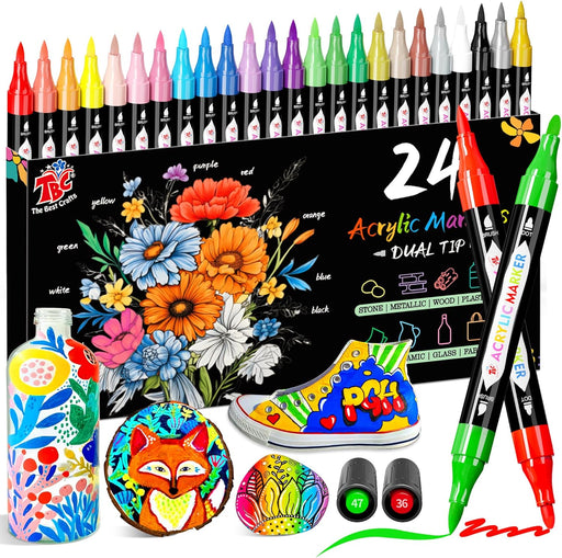 Acrylic Paint Markers, 24 Colors Dual Tip Pen