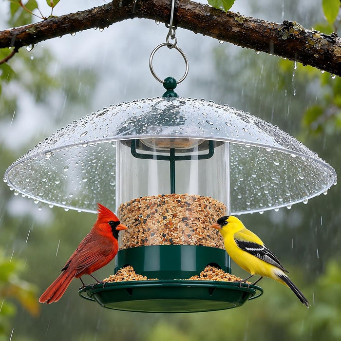 Metal Bird Feeders for Outdoors with 12” Weatherproof Dome, Green