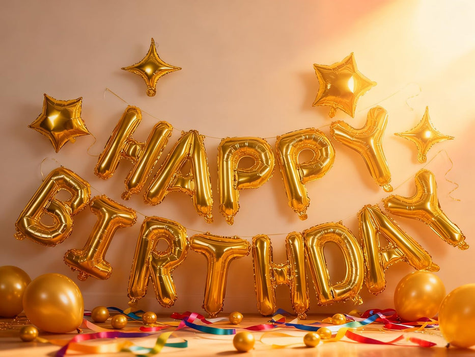 Gold Happy Birthday Balloons Banner Sign Mylar letter Party Decoration