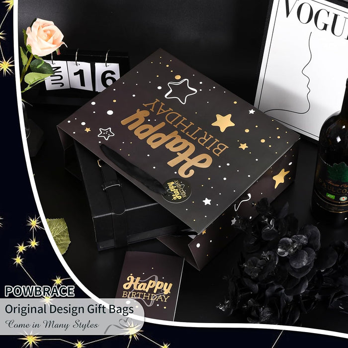 13" Birthday Gift Bag with Tissue Paper & Card(1 Pack Black Gold)
