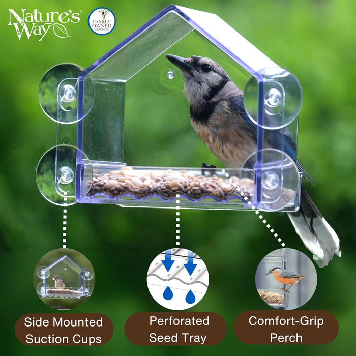 Nature’s Way Crystal Window Seed Feeder with 4 Secure Suction Cup Mount, Clear 2-Cup Capacity Hanging Bird Feeder for Cl