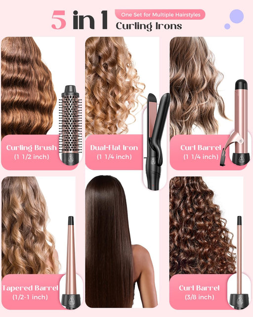 5 in 1 Curling Iron with Thermal Brush and 4 Interchangeable Ceramic Barrels(1/2 to 1 1/2 inch), Curling Wand Set with F