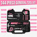 144-Piece Household Tool Set, Pink Tool Kit with Plastic Toolbox