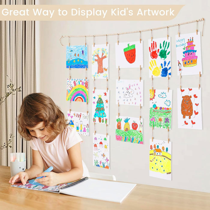 Kids Art Display Wall Decor, Wood Beads Garland with 34 Clips
