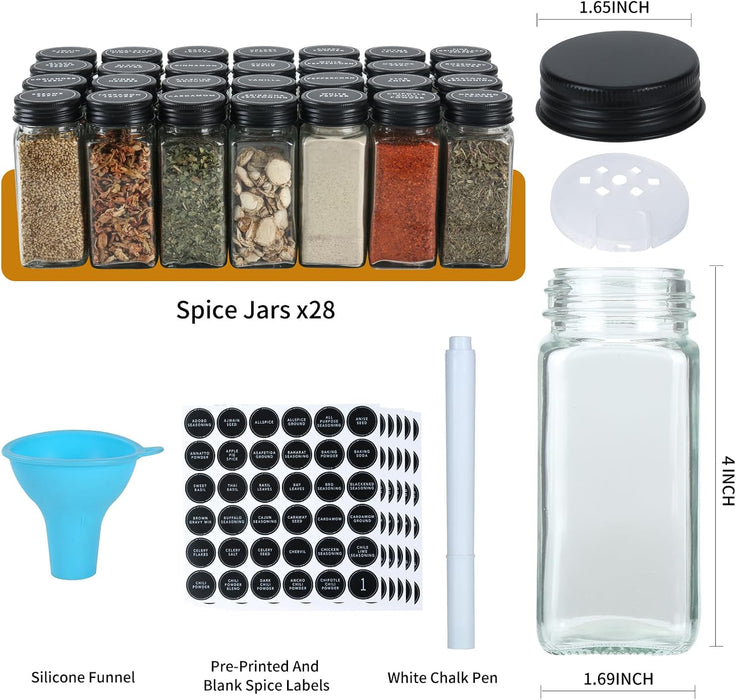 Spice Rack Organizer with 28 Spice Jars, Black Lids, Spice Labels