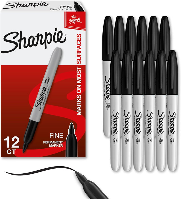 Sharpie Permanent Markers, Fine Tip, Black, 12 Count - Quick Drying, Fade Resistant, For Wood, Plastic, Paper, Metal, An