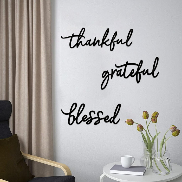 Thankful Grateful Blessed Letter Sign Metal Wall Decor, 3 Piece Black Letters Wall Art for Bathroom Bedroom Metal Words Wall Decor for Home Decor