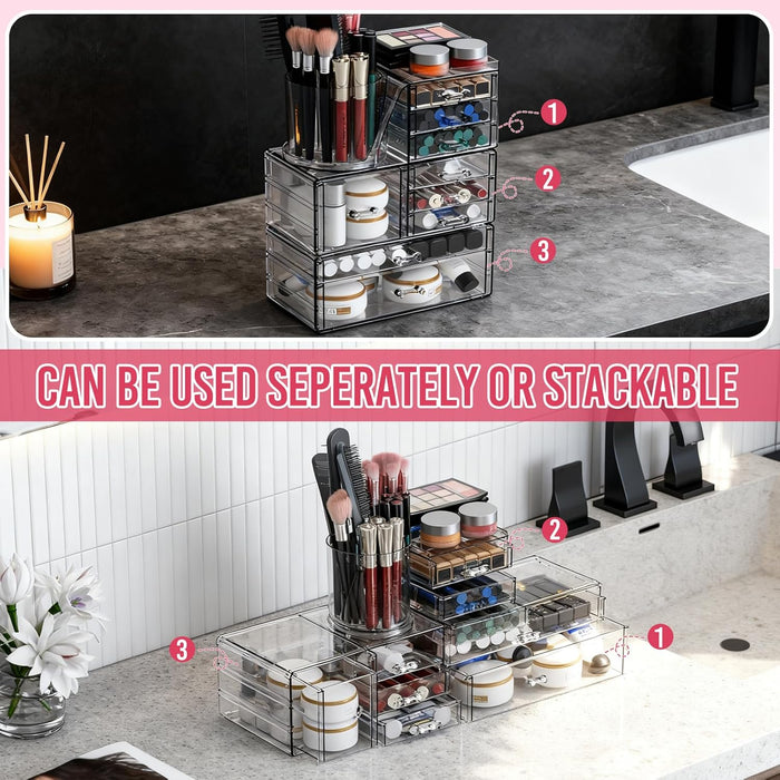 Clear Makeup Organizer with 9 Drawers, 3 Tier Stackable Makeup Storage Organizer with Rotating Brush Holder, Acrylic Cou