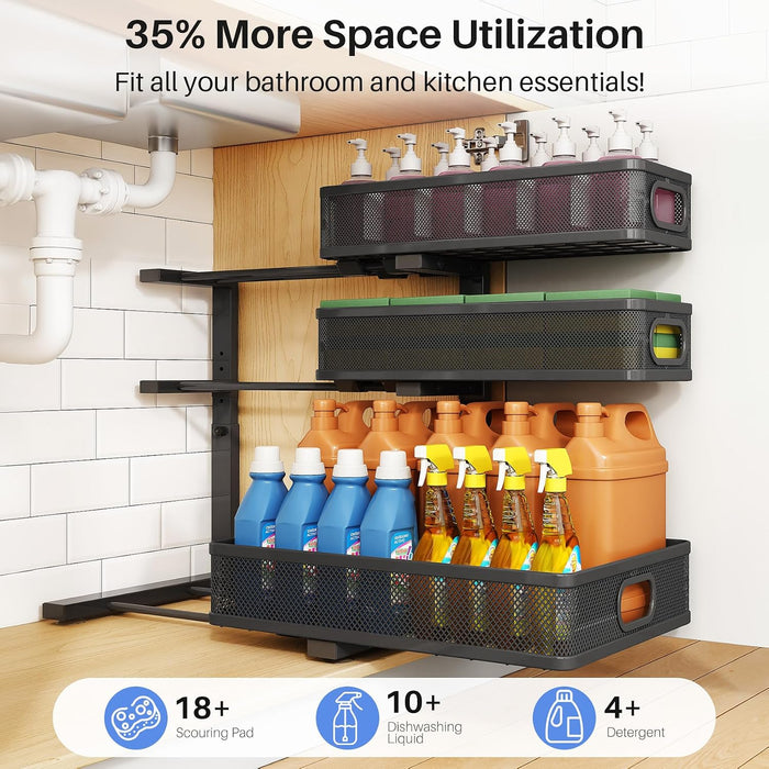 Under Sink Organizer, 3-Tier Thickened Metal Pull out Cabinet Organizer Shelf, Height Adjustable Slide out Storage Drawe
