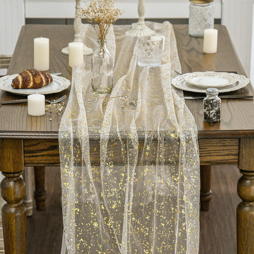 Beige Gold Gauze Table Runner 120 Inch 10FT, Glitter Metallic Foil Sheer Dining Wedding Anniversary Holiday Birthday Tab