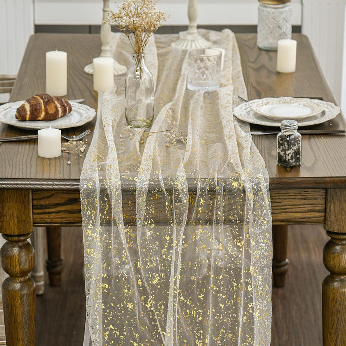 Beige Gold Gauze Table Runner 120 Inch 10FT, Glitter Metallic Foil Sheer Dining Wedding Anniversary Holiday Birthday Tab