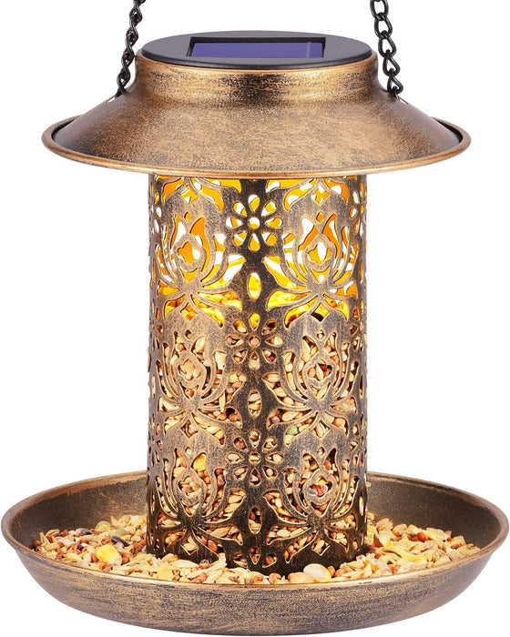 Solar Bird Feeder for Outdoors Hanging, Metal Wild Bird Feeder for Cardinals Solar Garden Lantern with S Hook as Gift fo