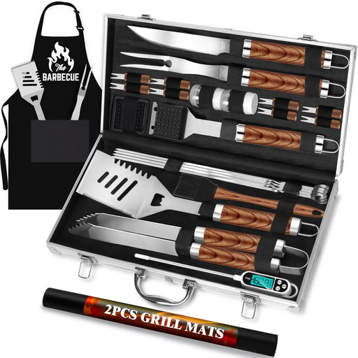 26pcs Grilling Gifts for Men, Dad Gifts for Father's Day, Stainless Steel BBQ Grill Accessories Tools Set, Heavy Duty BBQ Utensils Kit with Apron, Thermometer, Mats in Aluminum Case Brown