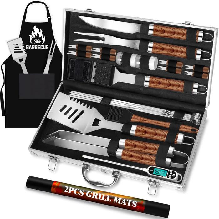26pcs Grilling Gifts for Men, Dad Gifts for Father's Day, Stainless Steel BBQ Grill Accessories Tools Set, Heavy Duty BBQ Utensils Kit with Apron, Thermometer, Mats in Aluminum Case Brown