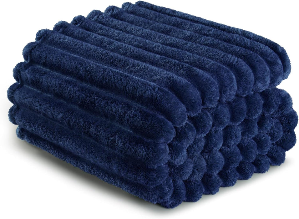 Striped Fleece Throw Blanket for Couch, Sofa, Navy Blue