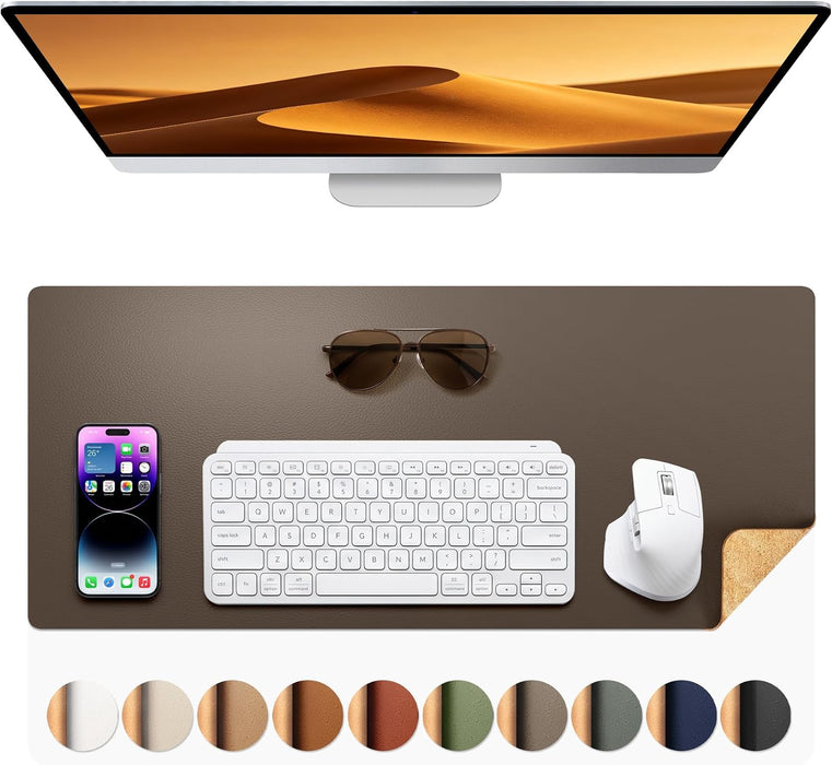 Dual-Sided Desk Mat - Leather & Cork Desk Protector, Large Mouse Pad & Writing Pad for Office/Home, Coffee (25.6"x13.7")