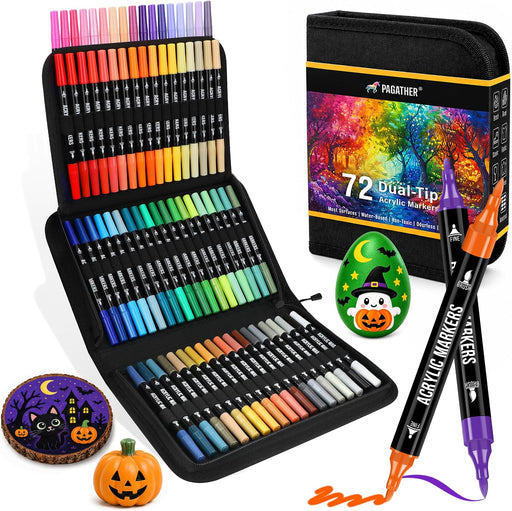 Acrylic Paint Markers, 72 Colors Dual Tip Fine & Brush Pens Set