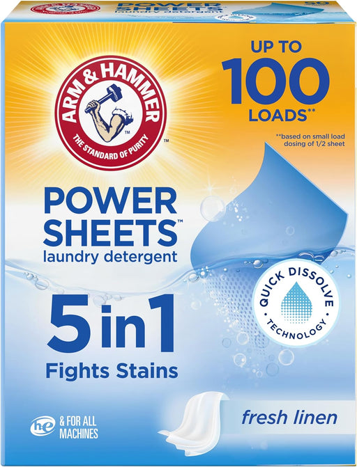 5-in-1 Power Sheets Laundry Detergent, Fresh Linen, 50 Count