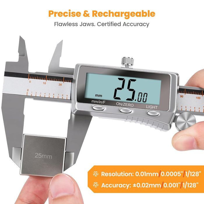 Digital Caliper 6 Inch, Rechargeable All Metal W/Backlight Screen