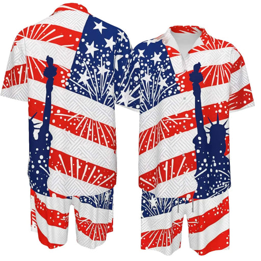 Men'S Fashion 2-Piece Matching Shortsleeve Collared Neck Tropical Set - Casual Stylish Flag Pattern Shirt & Bottoms, Loose Fit, plus Size Hawaiian Patriotic Streetwear for 4Th of July