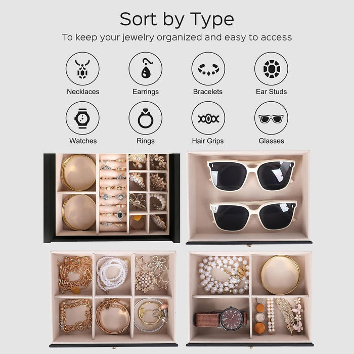 Large Jewelry Box for Women, Jewelry Organizer Box with 3 Drawers, Jewelry Storage Organizer with Mirror for Necklace Ri
