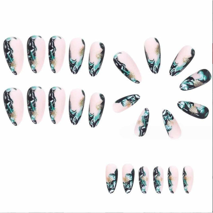 Almond Press Nails - Medium Fake Nails, Nude & Black, Glossy Stick On, Full Cover, 24 PCS/Set