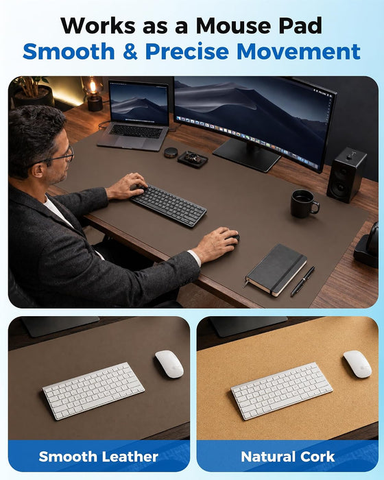 Dual-Sided Desk Mat - Leather & Cork Desk Protector, Large Mouse Pad & Writing Pad for Office/Home, Coffee (25.6"x13.7")