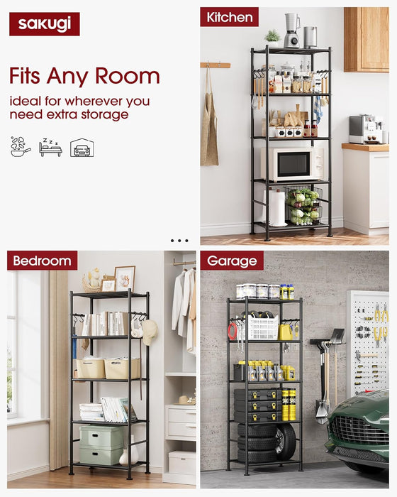 5-Tier Storage Rack Organizer with Hooks, Heavy Duty Metal Garage Rack with Leveling Feet, Freestanding Utility Rack for