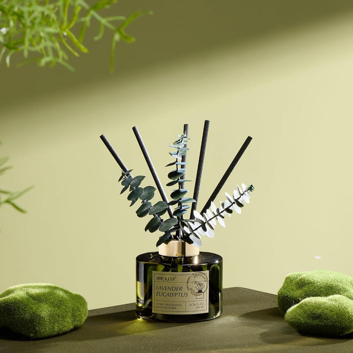 Reed Diffuser Set with 6.76 fl oz Lavender Eucalyptus Scent Essential Oils and 3 Leaves & 8 Diffuser Sticks,Bathroom Shelf Decor & Air Freshener, House Bedroom Office Decor & Gifts