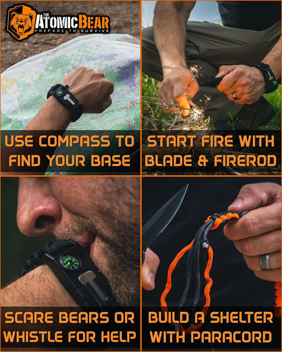 Atomic Bear Paracord Bracelet (2 Pack) - Adjustable - Fire Starter - Loud Whistle - Perfect for Hiking, Camping, Fishing