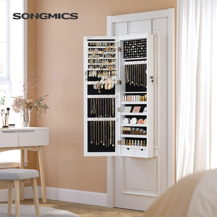 6 LEDs Mirror Jewelry Cabinet, 47.2-Inch Tall Lockable Wall or Door Mounted Jewelry Armoire Organizer with Mirror, 2 Drawers, 3.9 x 14.6 x 47.2 Inches, White UJJC93W
