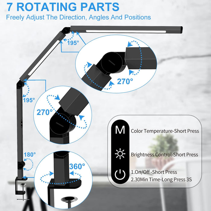 LED Desk Lamp with Clamp, Architect Desk Lamp with Dual Light and Adjustable Swing Arm, Clip-on Eye-Care 4 CCT Modes & 5
