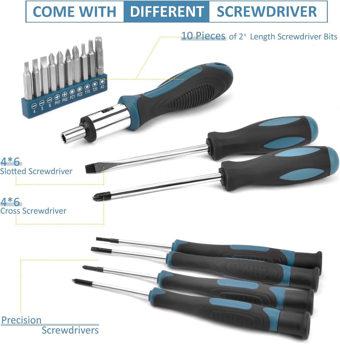 148 Pcs Portable Basic Hand Repair Home Tool Kit Set with Case Blue