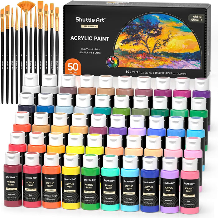 Acrylic Paint, 50 Colors Acrylic Paint Set, 2oz/60ml Bottles, Rich Pigments, Water Proof, Premium for Artists, Beginners