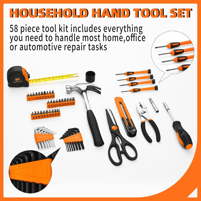 58-Piece Household Tool Set for home with Plastic Toolbox Orange