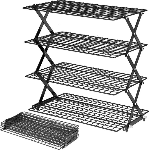 𝟐𝟒% 𝐎𝐅𝐅 4 Tier Collapsible Cooling Rack - Adjustable Black Stainless Steel Baking Rack with Mesh Leak Proof, Foldab