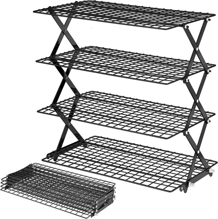𝟐𝟒% 𝐎𝐅𝐅 4 Tier Collapsible Cooling Rack - Adjustable Black Stainless Steel Baking Rack with Mesh Leak Proof, Foldab
