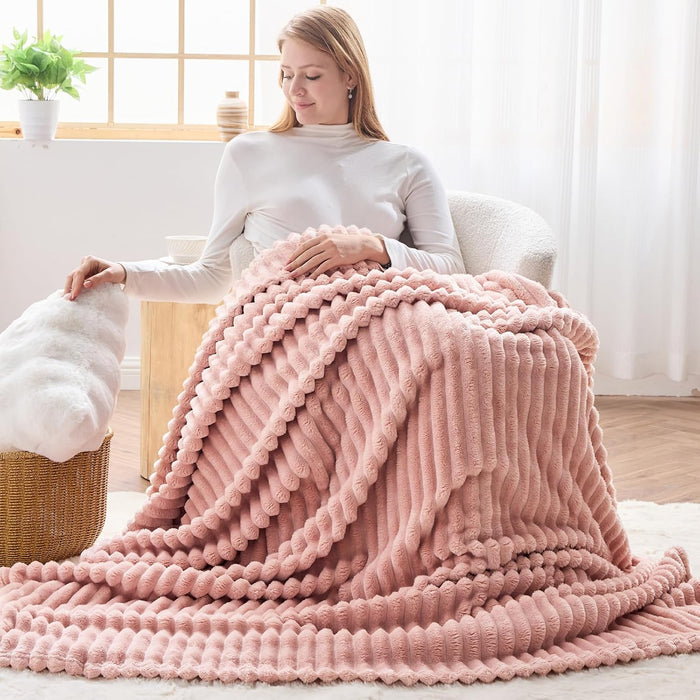 Fleece Ribbed Cozy Throw Blanket for Couch, Pink, 50"x60"