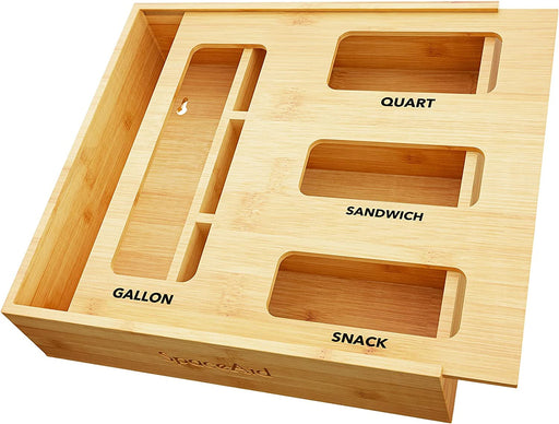 Bag Storage Organizer for Kitchen Drawer, Bamboo Organizer, Compatible with Gallon, Quart, Sandwich and Snack Variety Si
