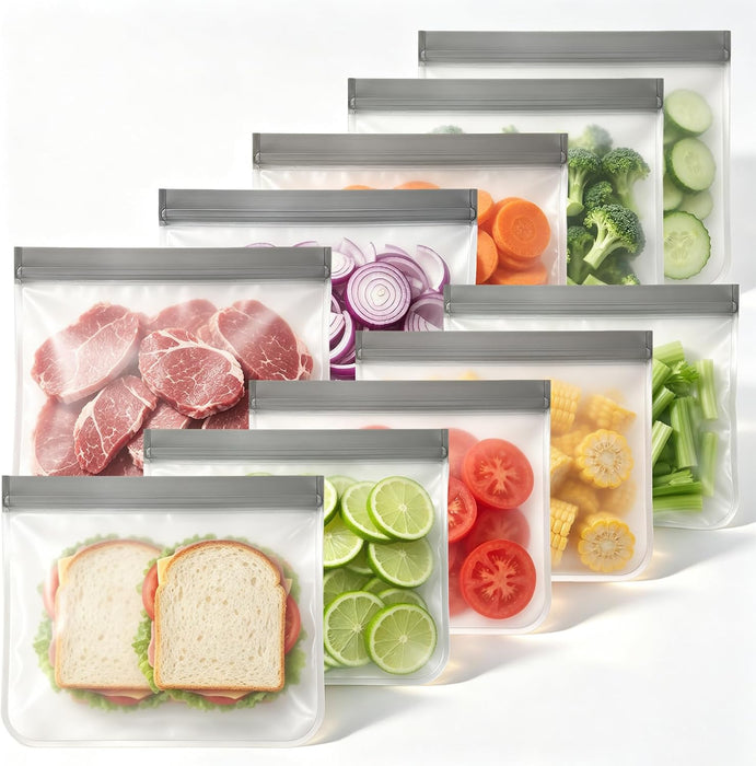 10 Pack Reusable Sandwich Bags, BPA-Free Reusable Food Sorage Bags, Double Zipper Leakproof Freezer Bags Extra Thick Plastic Storage Bags for Sandwich Meal Prep Lunch Marinate Meat Snack
