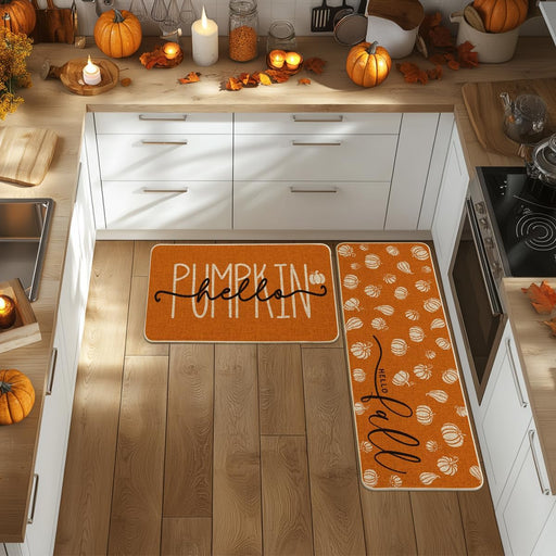 Orange Hello Pumpkin Fall Kitchen Mats Set of 2 - 17x29+17x47"