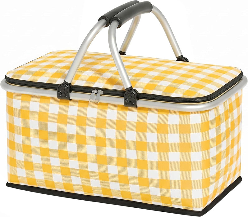 Insulated Picnic Basket, Collapsible Market Basket (Yellow Grid)