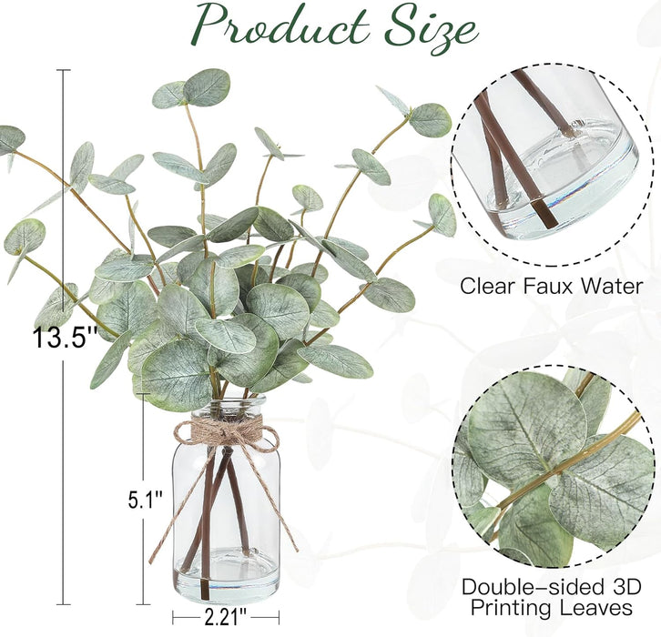 Artificial Eucalyptus Stems in Glass Vase with Faux Water, 13.5" Fake Plants for Home Decor, Coffee Table Centerpieces, Office, Bathroom & Farmhouse - Green Faux Plants Decorations